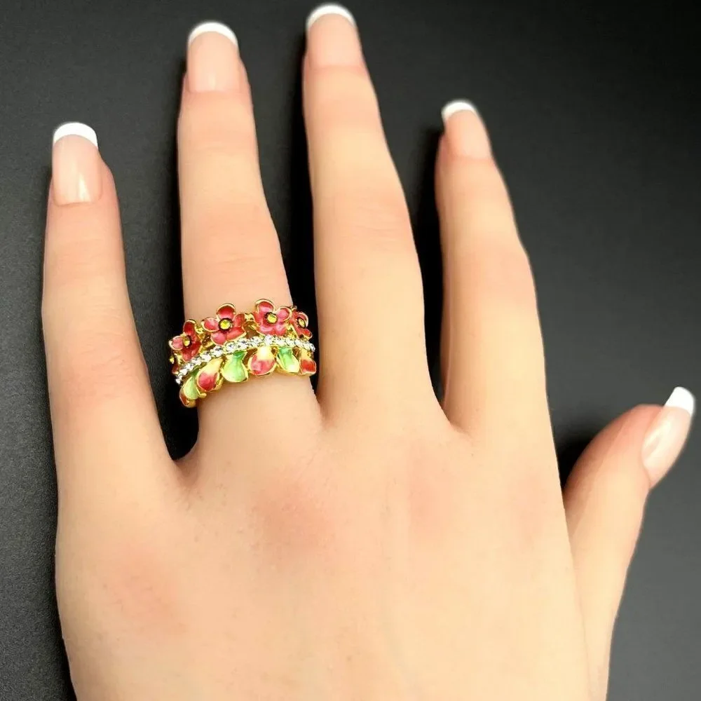 Yellow Gold with Citrine and Diamond Crystal Enamel Leaf and Flower Ring Size 6